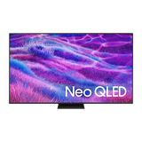 Open box Samsung 65-inch QN80F Series 4K UHD HDR Neo QLED Tizen Smart TV showing front view and screen display.