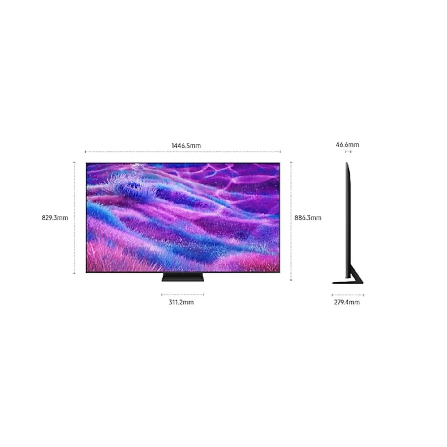 Open box Samsung 65-inch QN80F Series 4K UHD HDR Neo QLED Tizen Smart TV showing screen display and sleek design.
