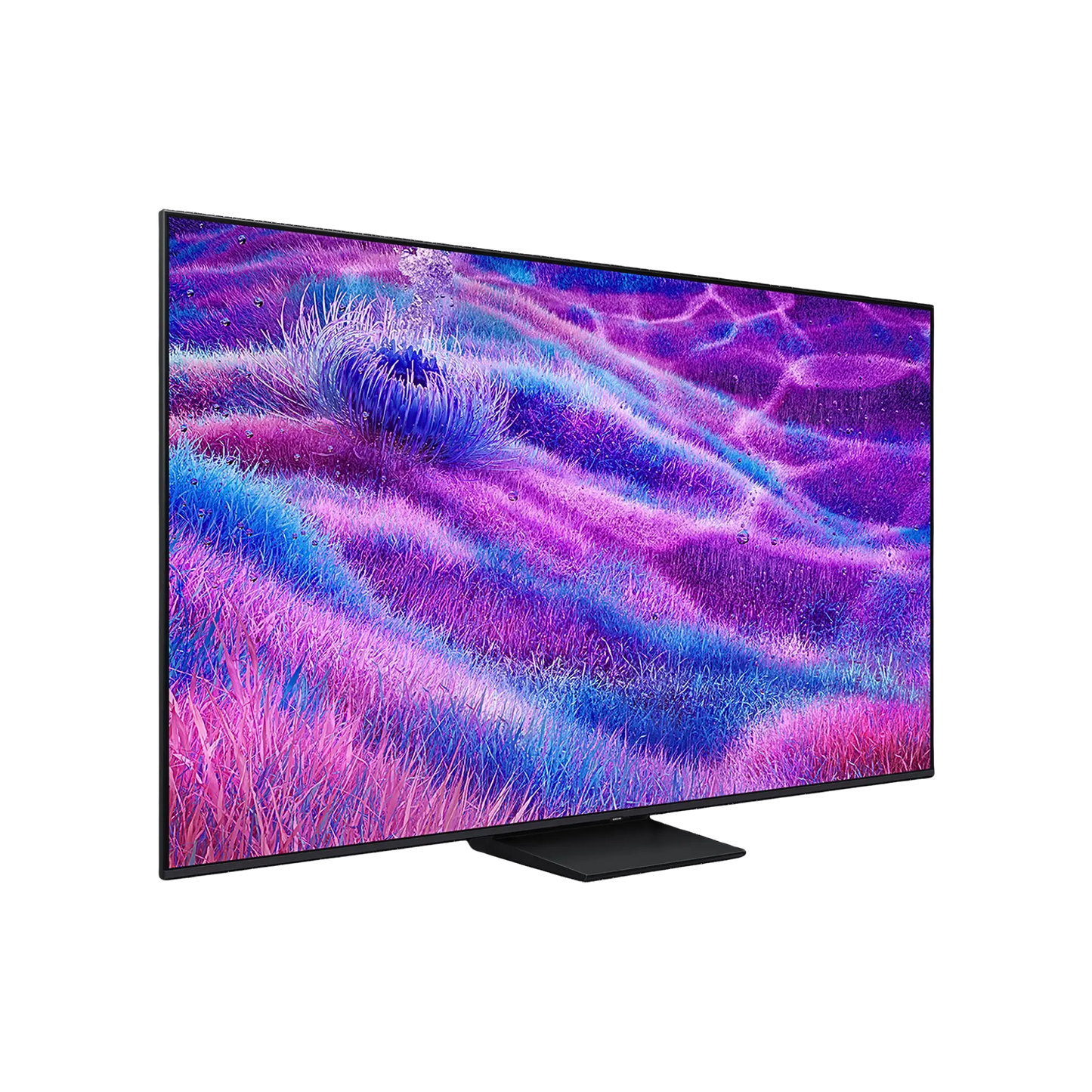 Open box Samsung 65-inch QN80F Series 4K UHD HDR Neo QLED Tizen Smart TV showing screen display and sleek black design.