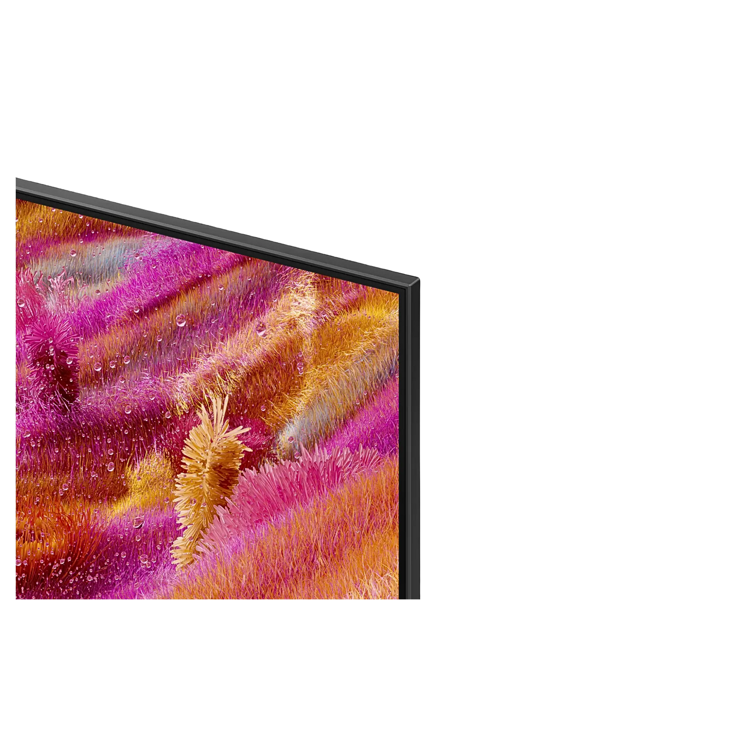 Open box Samsung 65-inch QN90F Series 4K UHD HDR Neo QLED Tizen Smart TV showing screen and sleek black design.