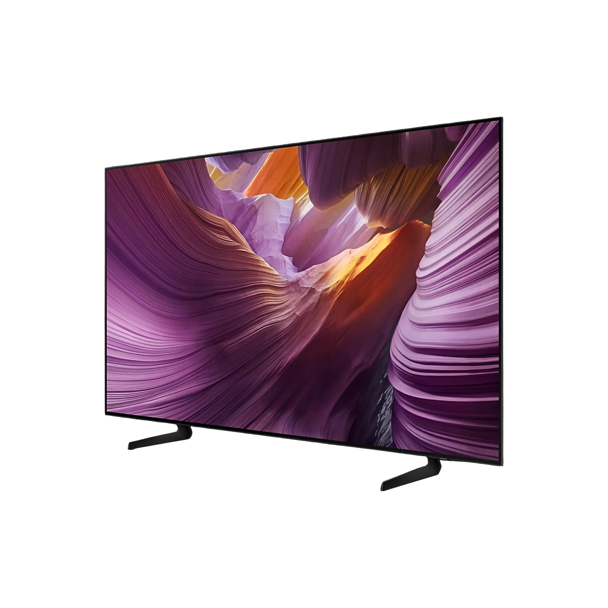 Open box Samsung 65-inch S84F Series 4K UHD HDR OLED Tizen Smart TV showing screen display and sleek design.