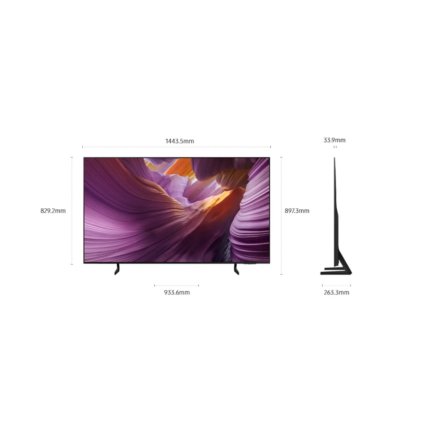 Samsung 65-inch S85F Series 4K UHD HDR OLED Tizen Smart TV showing a sleek black screen with a modern design.