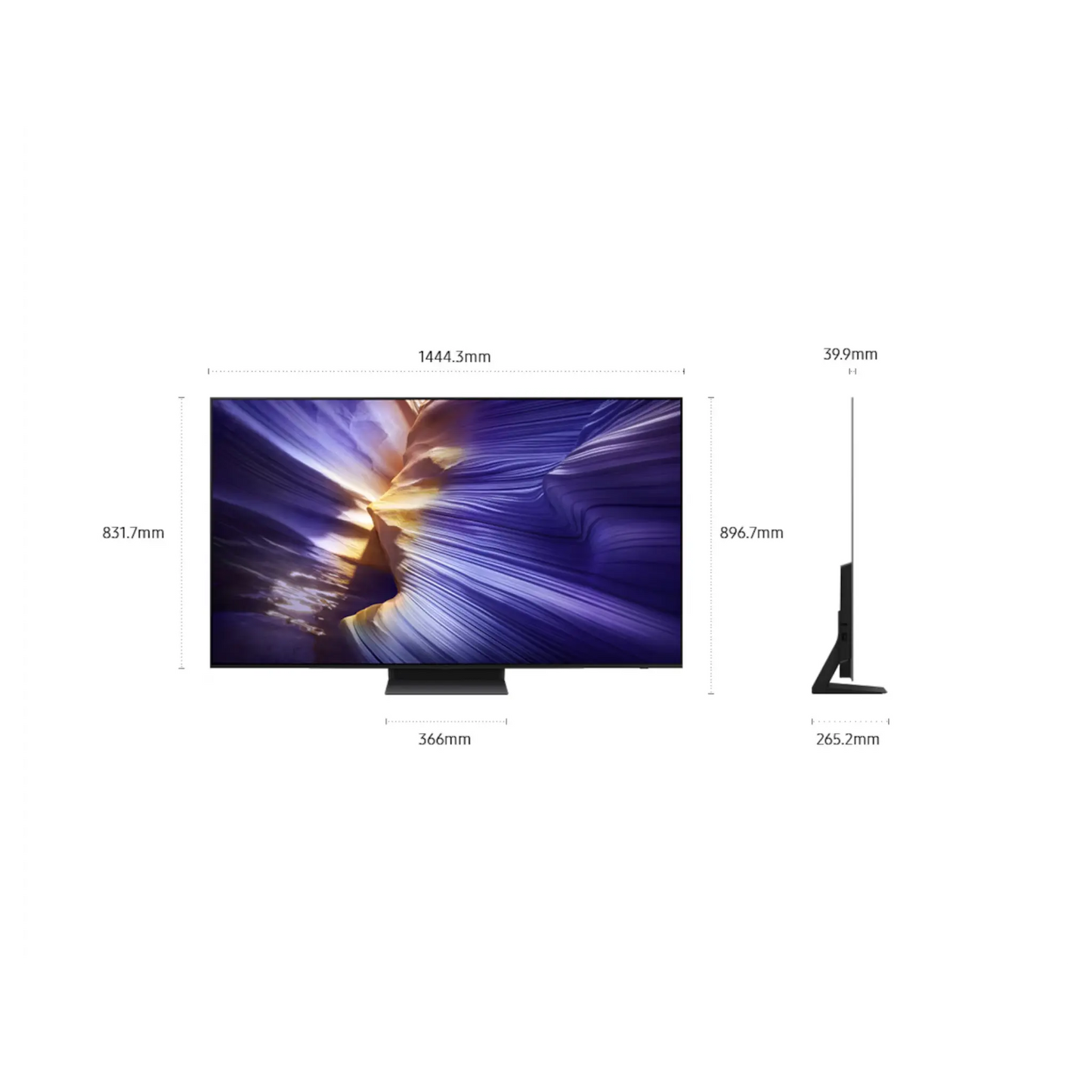 Open box Samsung 65-inch S90F Series 4K UHD OLED HDR Tizen Smart TV showing screen and sleek black design.