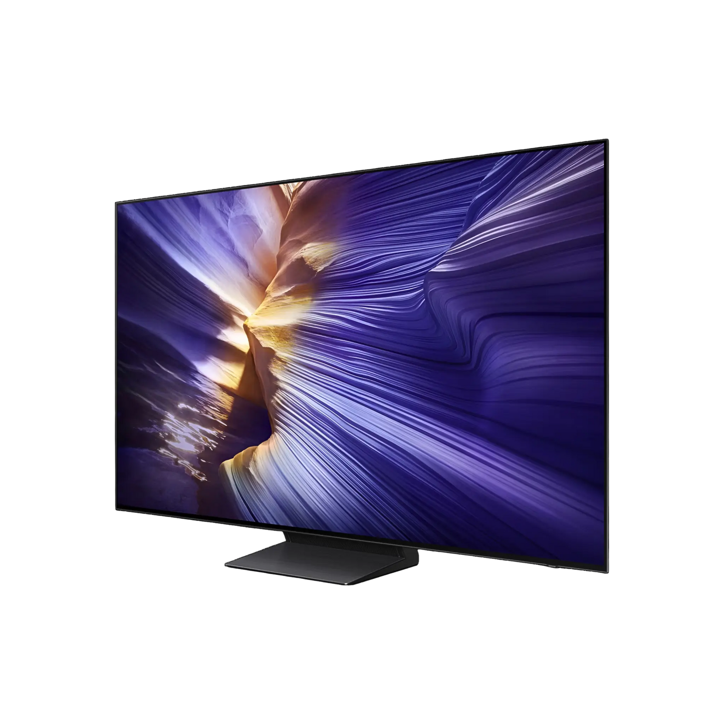 Open box Samsung 65-inch S90F Series 4K UHD HDR OLED Tizen Smart TV, showcasing the sleek TV screen and modern design.