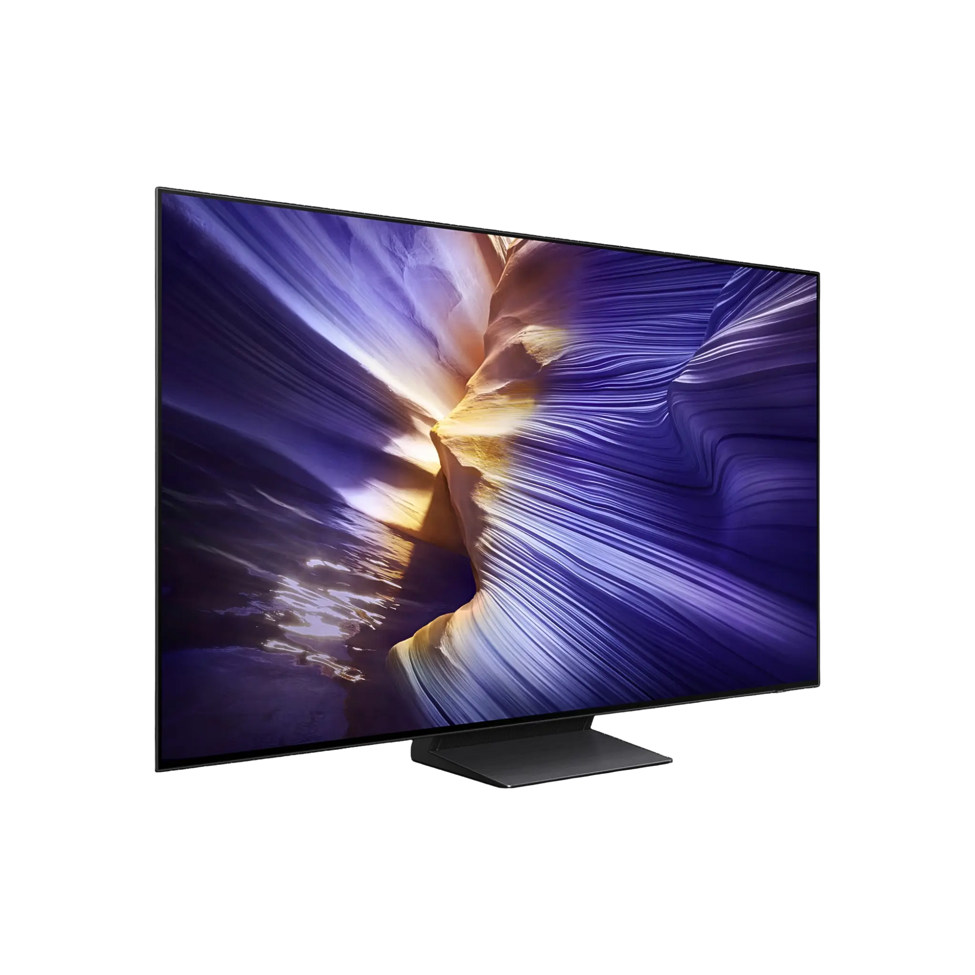 Open box Samsung 65-inch S90F Series 4K UHD HDR OLED Tizen Smart TV showing screen display and sleek design.