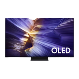 Open box Samsung 77-inch S90F Series 4K UHD HDR OLED Tizen Smart TV showing screen display and sleek design.