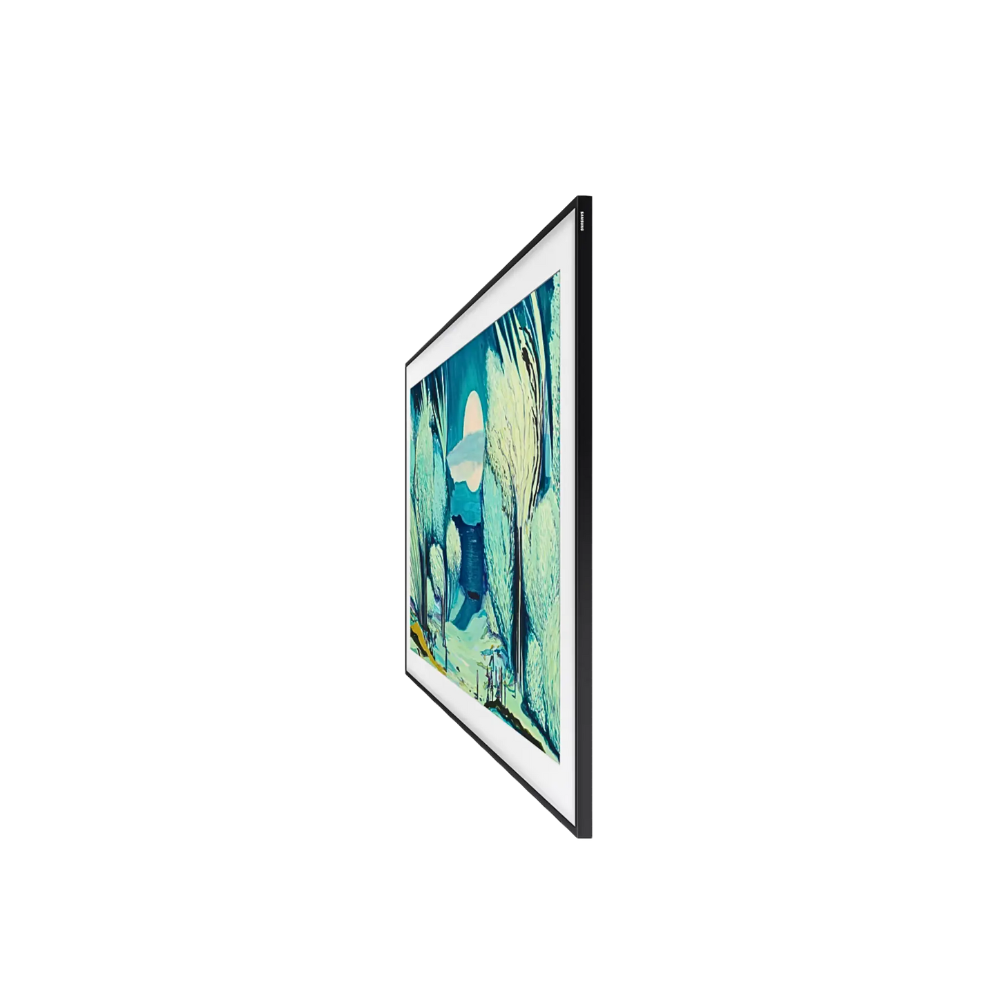 Open box Samsung The Frame 43-inch 4K UHD HDR QLED Tizen smart TV showing sleek black screen and slim modern design.