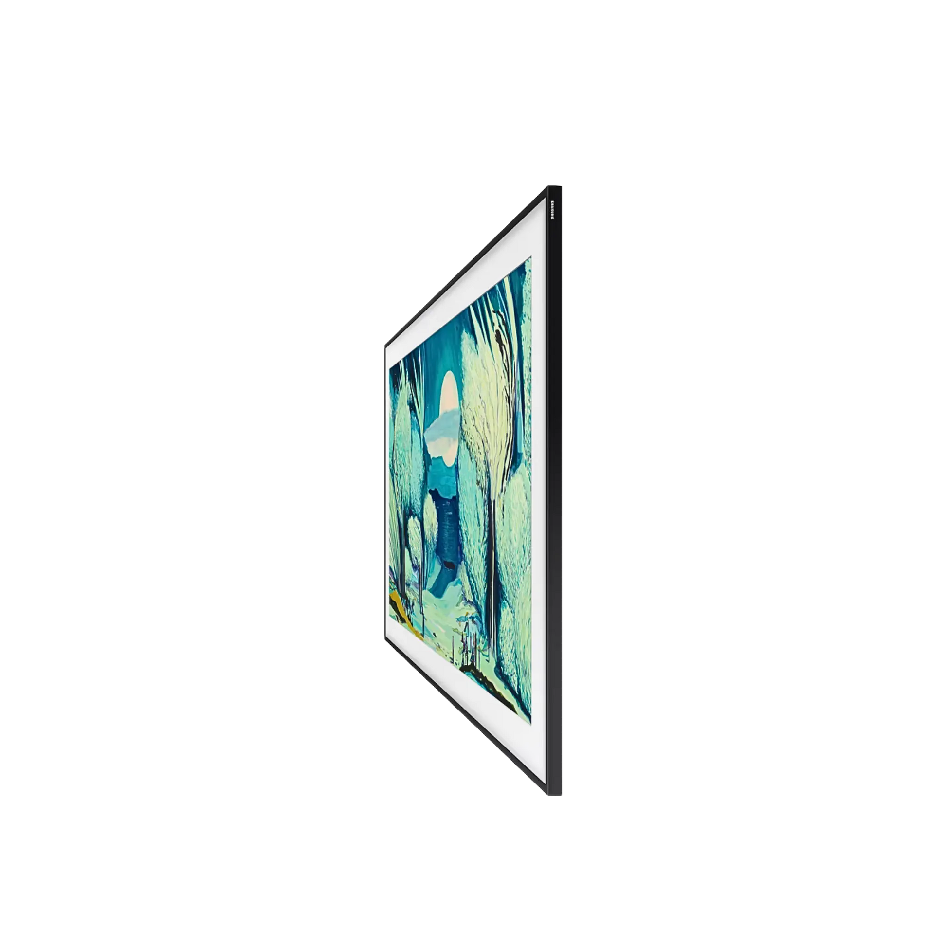 Open box Samsung The Frame 43-inch 4K UHD HDR QLED Tizen smart TV showing sleek black screen and slim modern design.