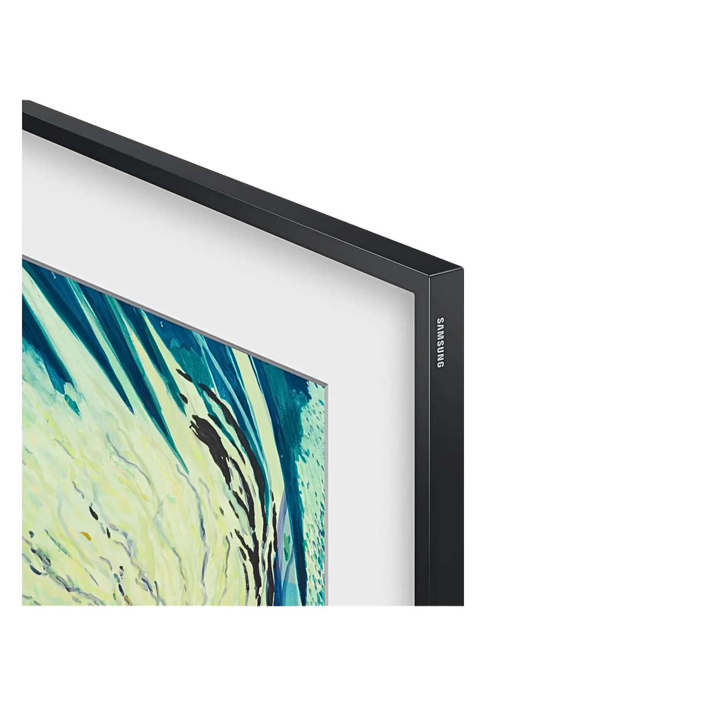 Open box Samsung The Frame 43-inch 4K UHD HDR QLED Tizen Smart TV with sleek design and mounted on a wall.