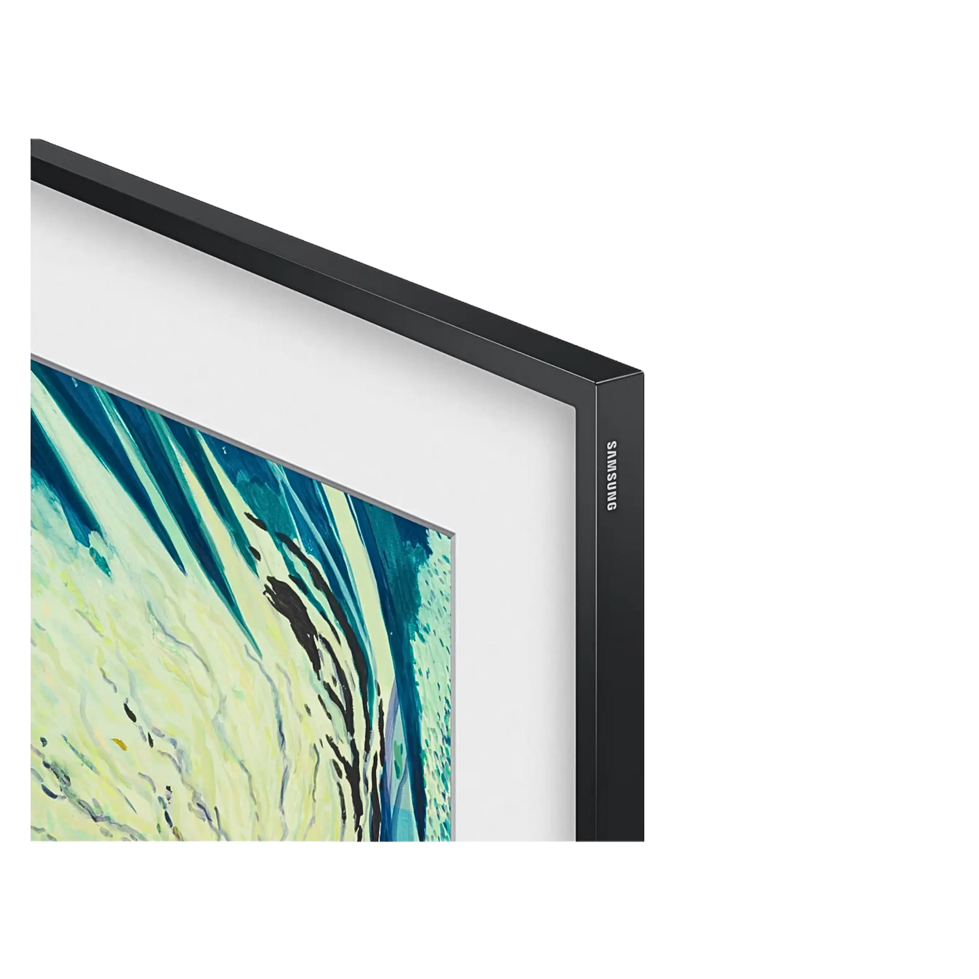 Open box Samsung The Frame 43-inch 4K UHD HDR QLED Tizen Smart TV with sleek design and mounted on a wall.