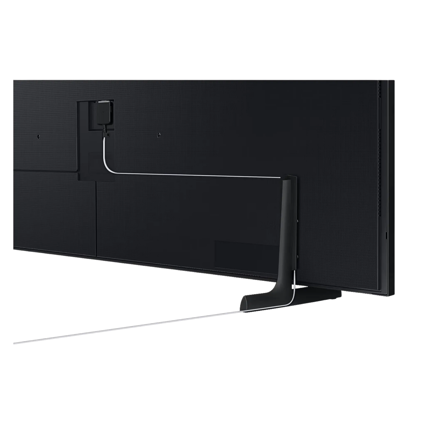 Open box Samsung The Frame 43-inch 4K UHD HDR QLED Tizen Smart TV showing screen display and sleek black bezel design.