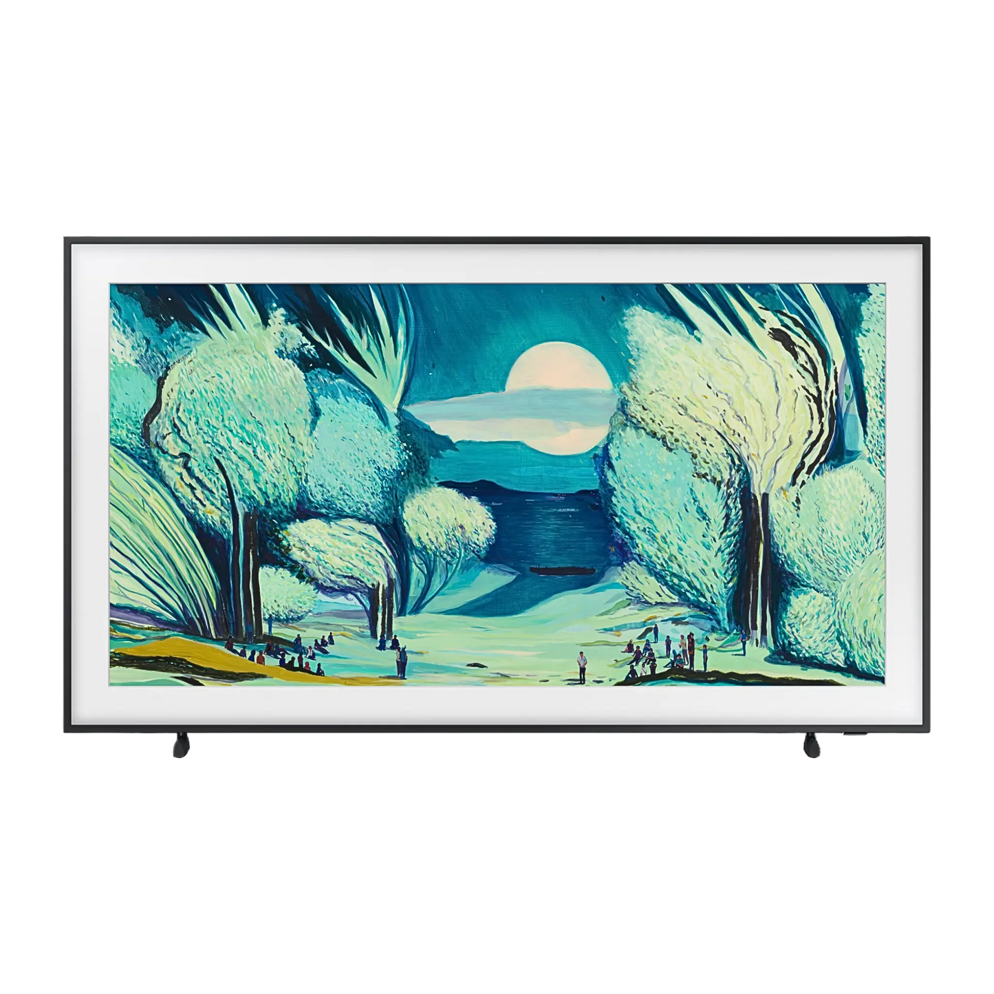 Open box Samsung The Frame 65-inch 4K UHD HDR QLED Tizen Smart TV showing screen with sleek black bezel and stand
