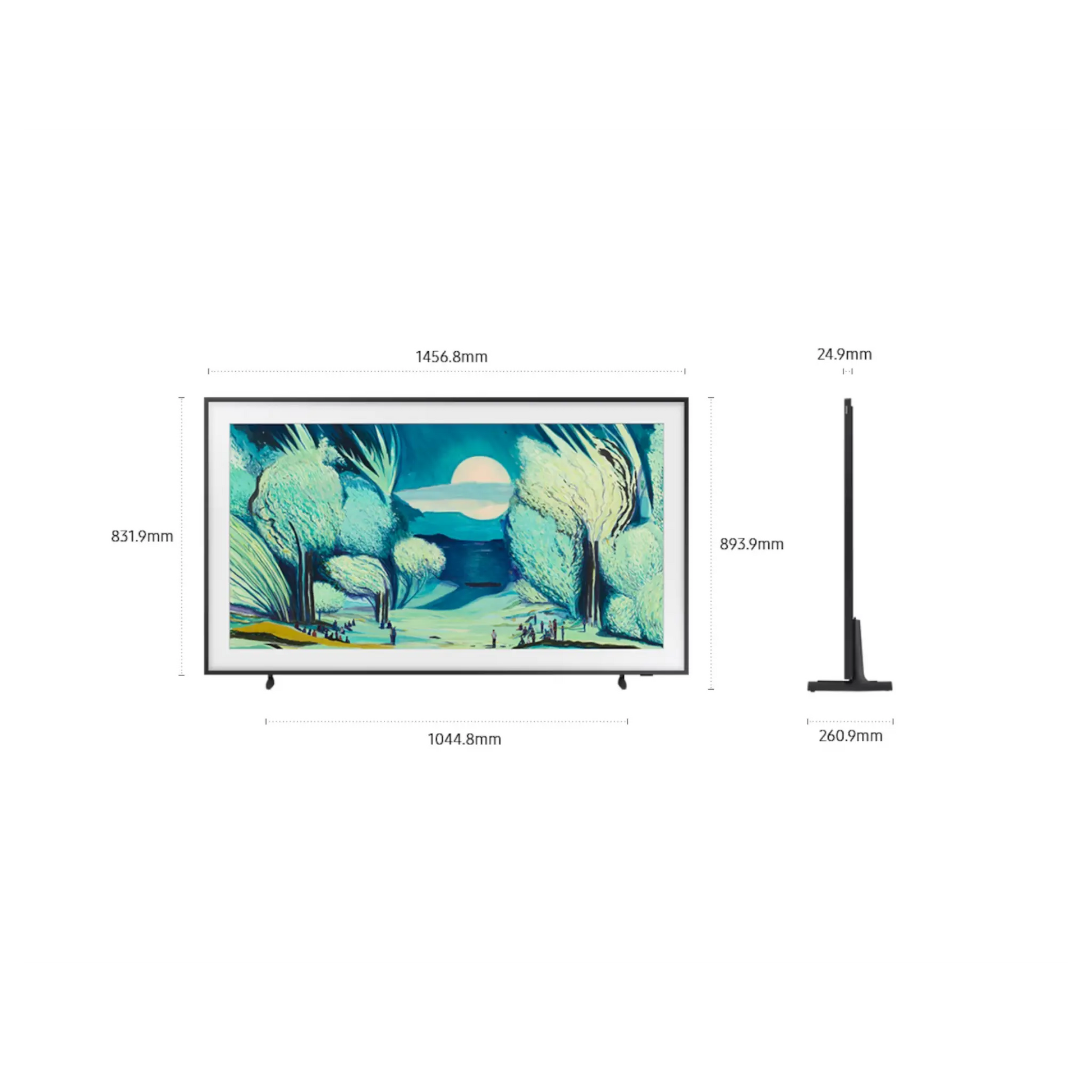 Open box Samsung The Frame 65-inch 4K UHD HDR QLED Tizen Smart TV, showing the sleek TV design and screen display.