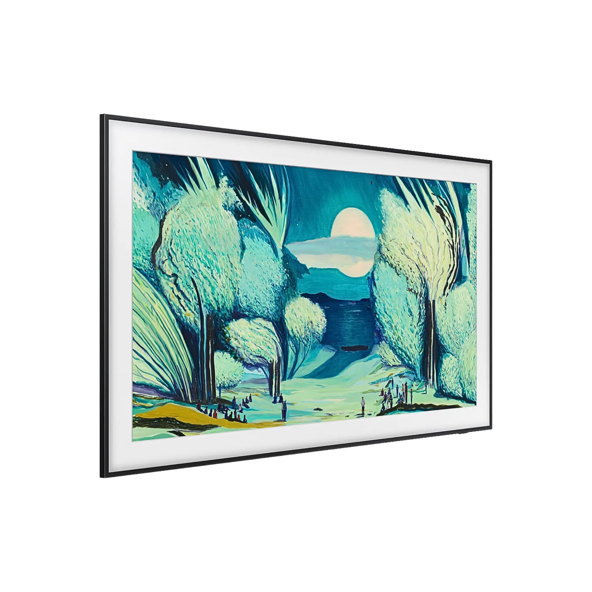 Open box Samsung The Frame 65-inch 4K UHD HDR QLED Tizen Smart TV showing screen display and sleek design.