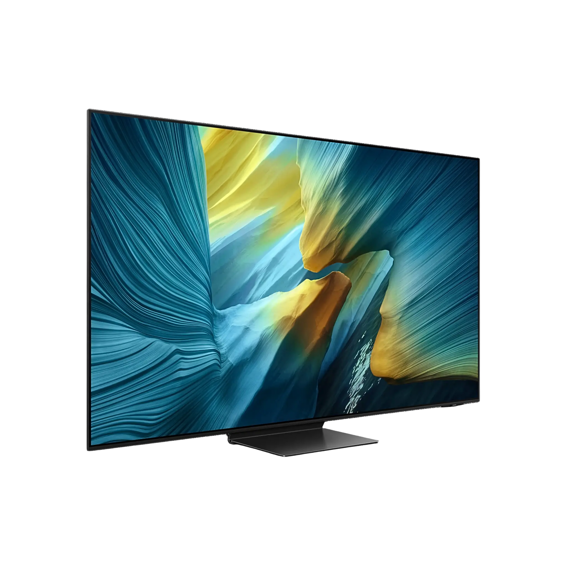 Samsung 65-inch S95F Series 4K UHD HDR OLED Tizen Smart TV showing a vibrant home entertainment scene.