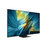 Samsung 65-inch S95F Series 4K UHD HDR OLED Tizen Smart TV showing a vibrant home entertainment scene.