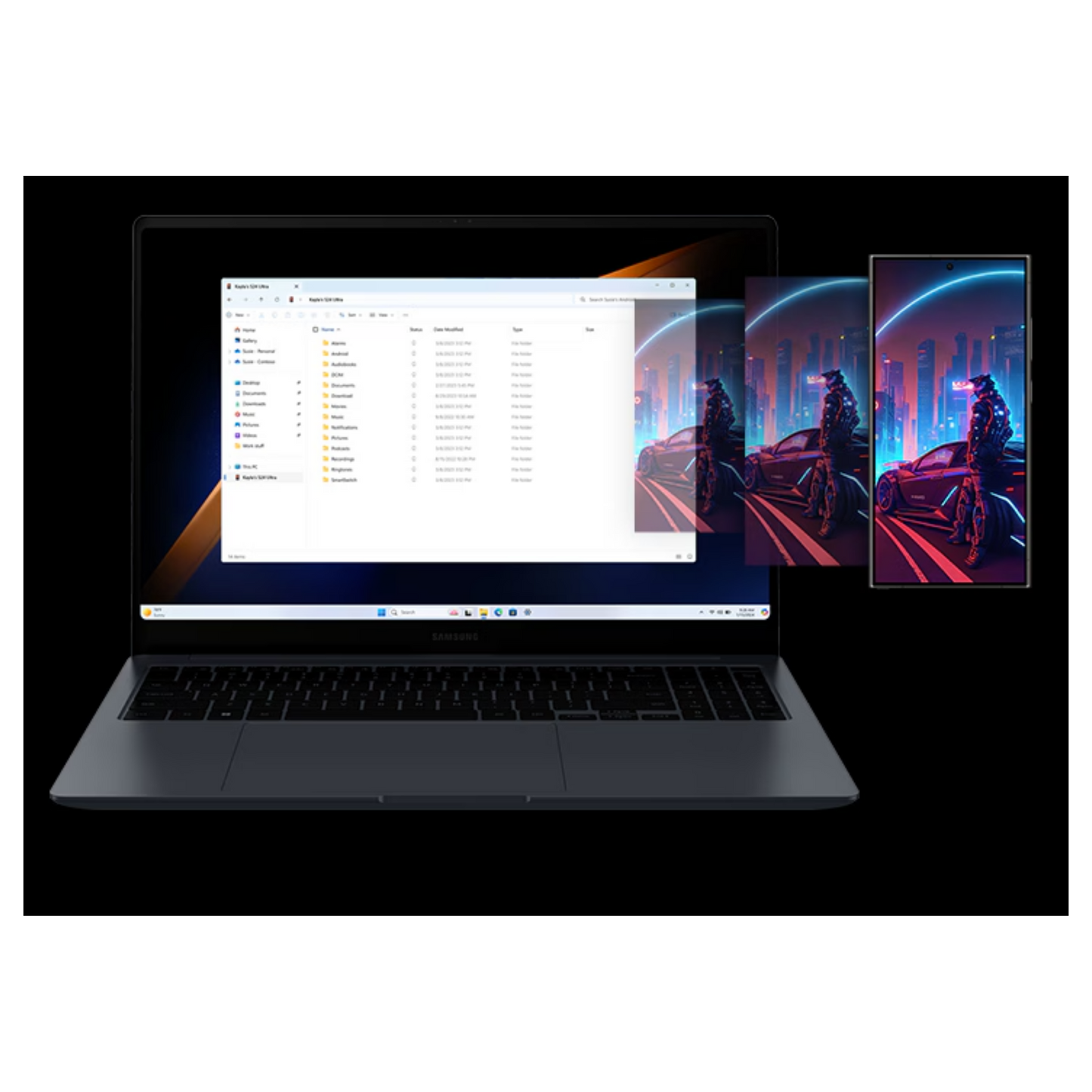 Samsung Galaxy Book4 Ultra 16-inch laptop showing sleek design, keyboard, and screen display, branded with Samsung logo.