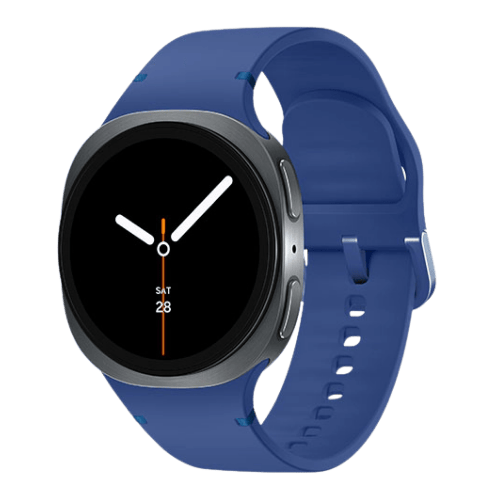Samsung Galaxy Watch8 Bluetooth smartwatch displaying a digital watch face with fitness and notification icons.