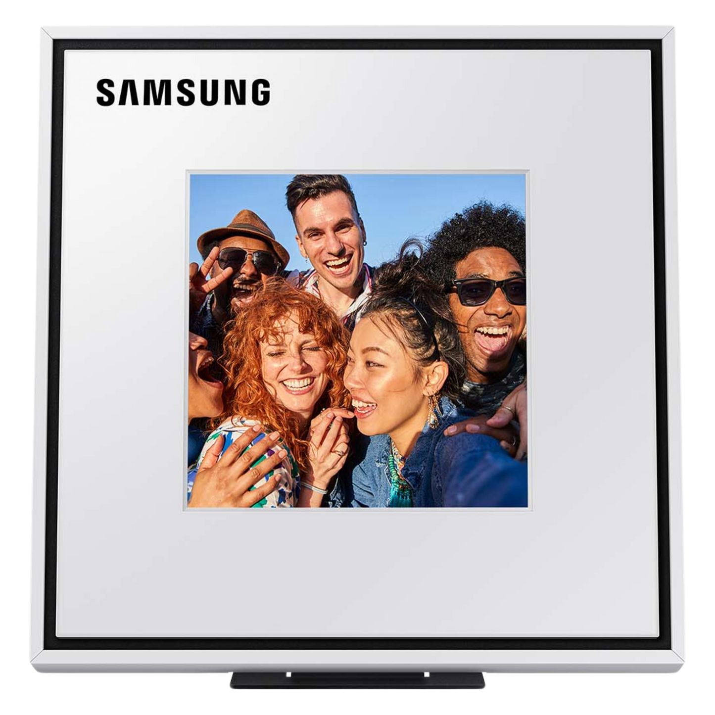 Samsung Music Frame HW-LS60D wireless speaker displaying a sleek, modern design with a black finish and control buttons visible