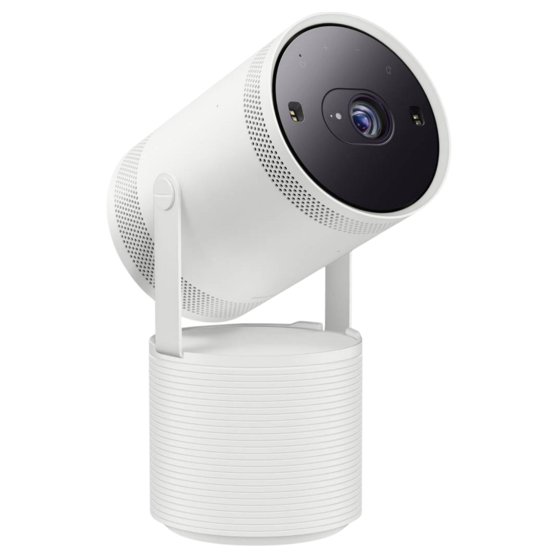 Samsung The Freestyle portable projector with 32,000mAh battery base, showing the compact projector and battery in use.