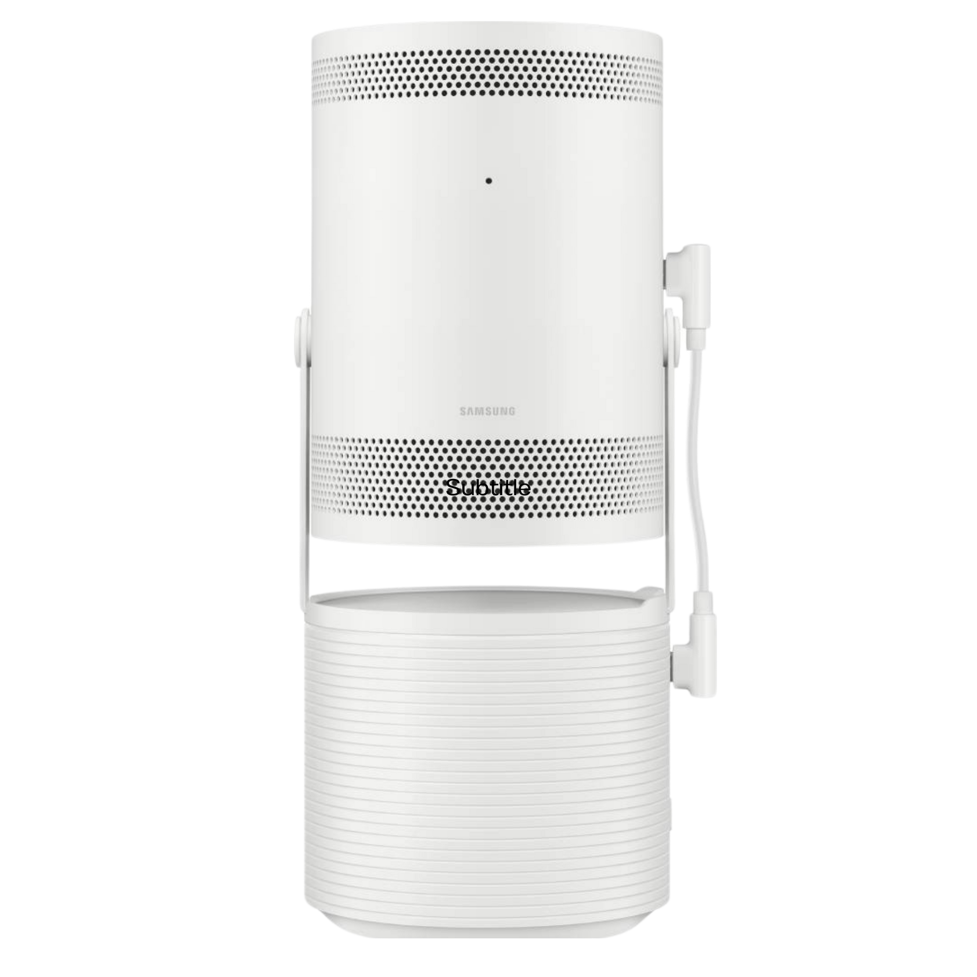 Samsung The Freestyle portable projector with 32,000mAh battery base, compact and versatile for on-the-go entertainment.