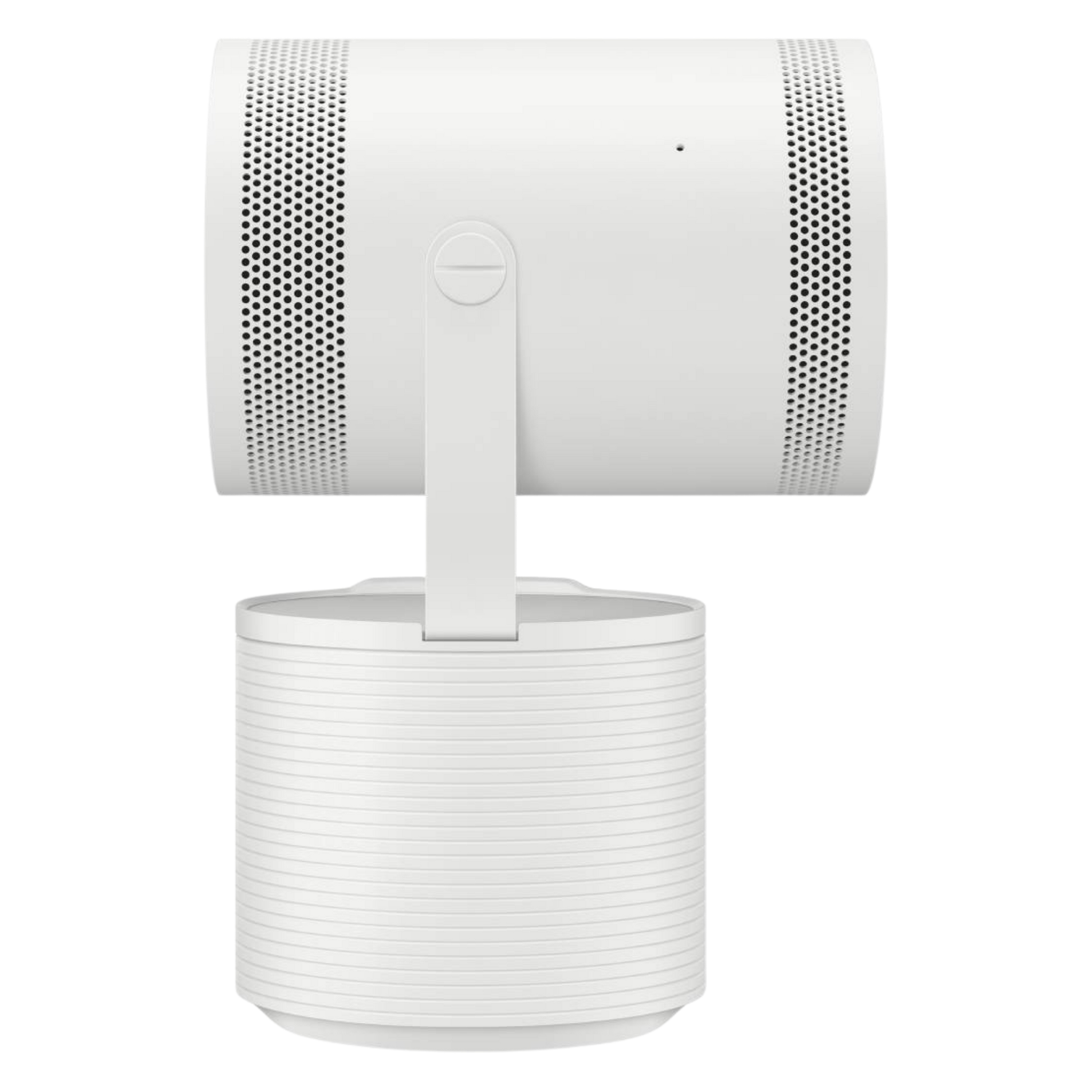 Samsung The Freestyle portable projector with 32,000mAh battery base, showing the compact projector and battery accessory.