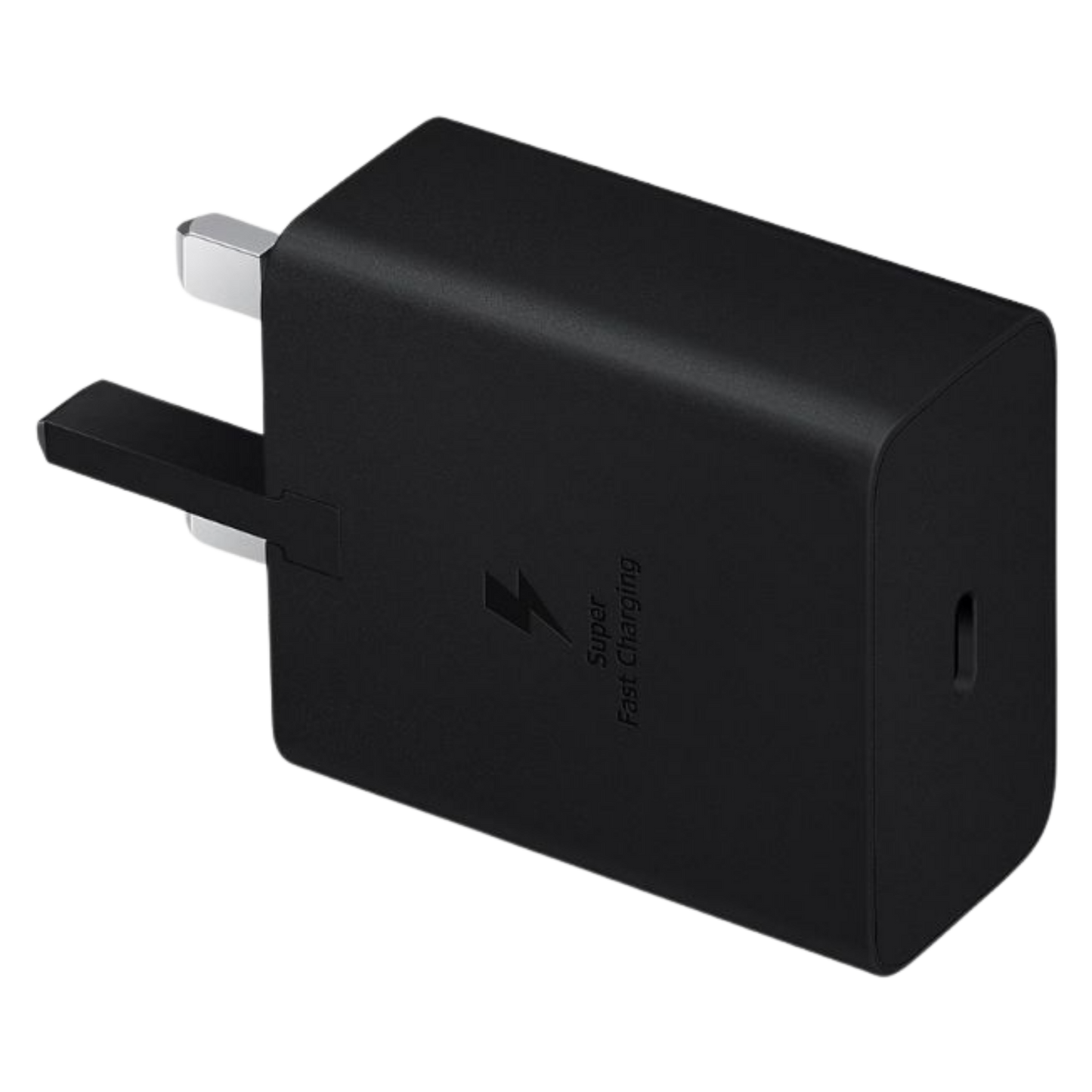 Samsung 45W USB-C Power Adapter showing a compact black charger with USB-C port for fast charging devices.