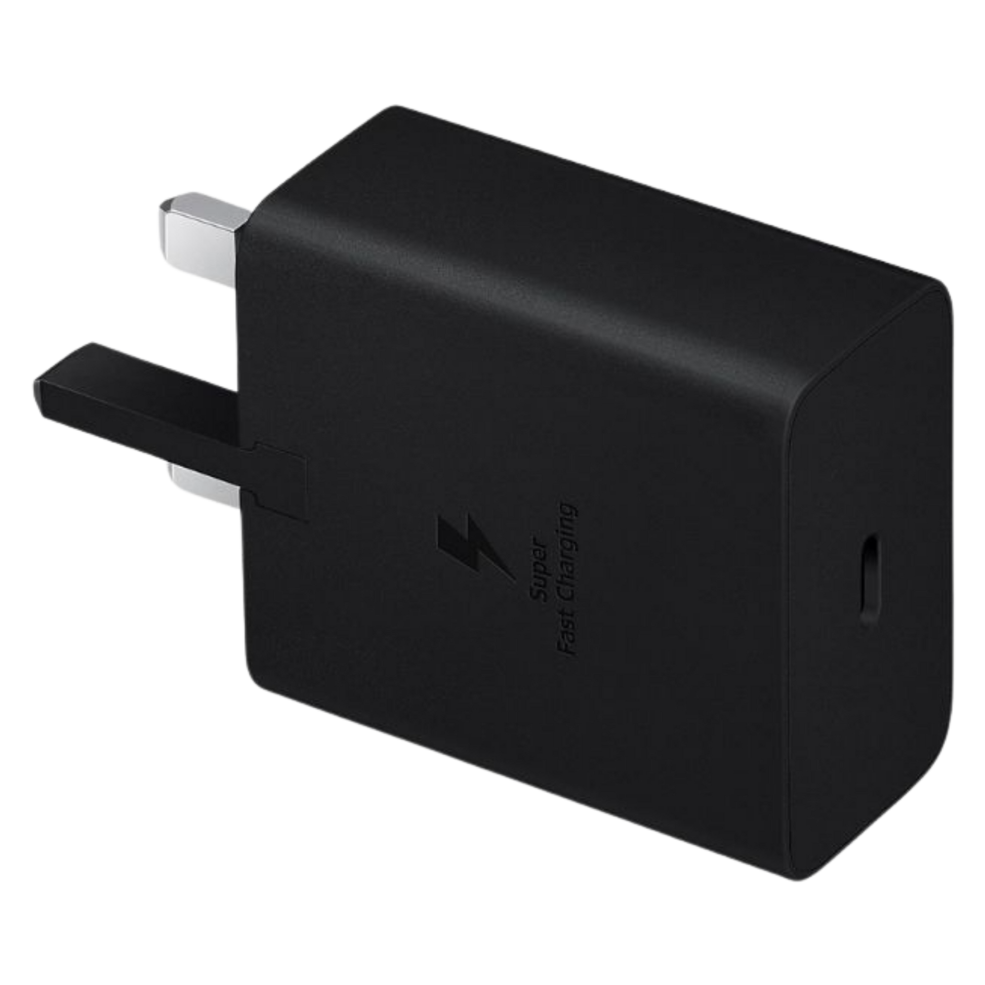 Samsung 45W USB-C Power Adapter showing a compact black charger with USB-C port for fast charging devices.
