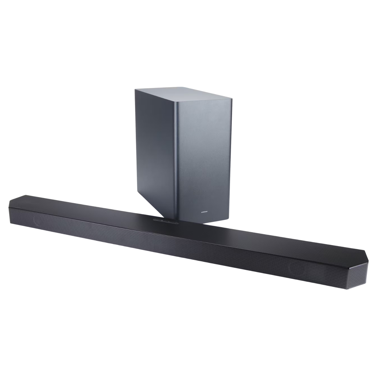 Samsung HW-Q800D soundbar with sleek design, multiple speakers, and control buttons for high-quality audio output.