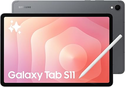Open box Samsung Galaxy Tab S11 Android tablet with 11-inch 120Hz AMOLED display, 128GB storage, Graphite color, and S Pen.