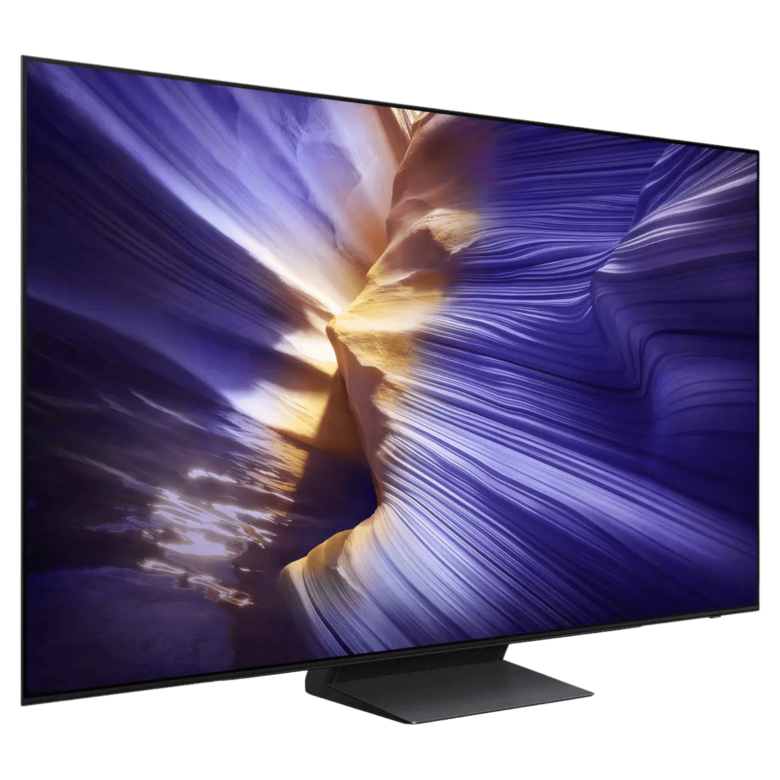 Samsung 55-inch S90F Series 4K UHD HDR OLED Tizen Smart TV showing a vibrant screen with sleek black bezels and a modern design.