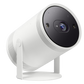 Samsung The Freestyle 2nd Gen portable smart FHD projector showing a projected image on a wall. Compact design with built-in controls.
