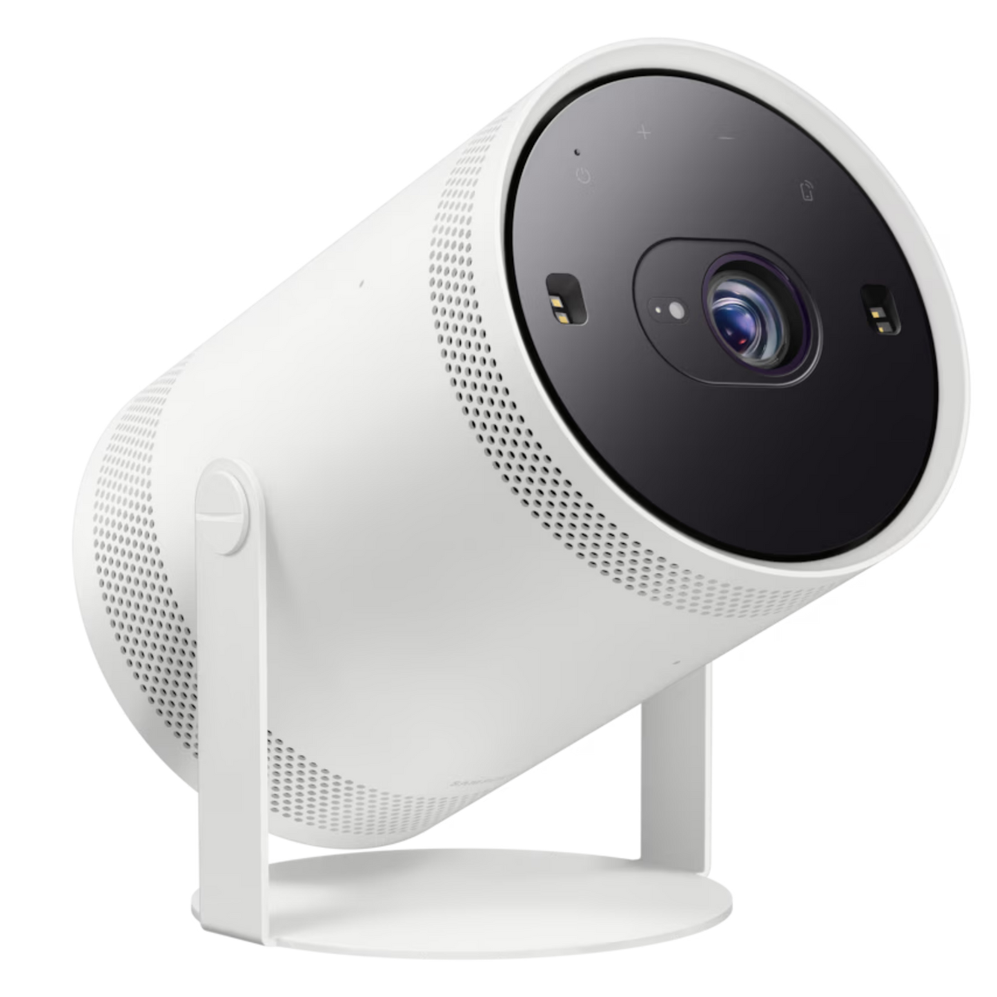 Samsung The Freestyle 2nd Gen portable smart FHD projector showing a projected image on a wall. Compact design with built-in controls.