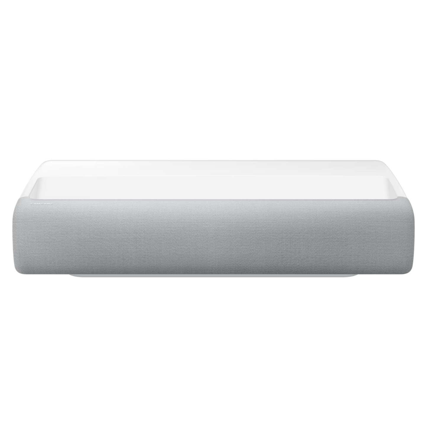 Samsung The Premiere LSP7T laser projector displaying a large, vibrant image on a wall with a sleek design.