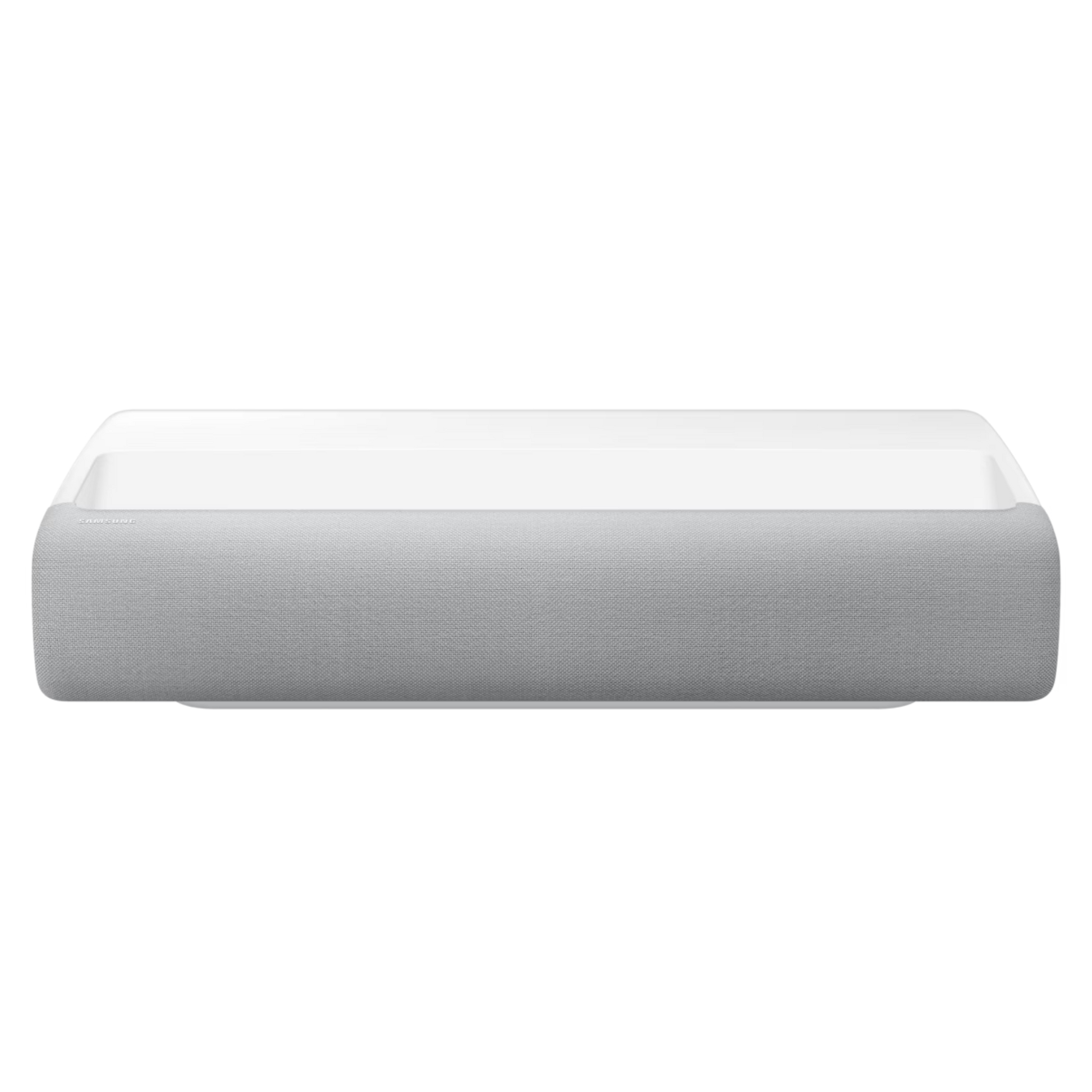 Samsung The Premiere LSP7T laser projector displaying a large, vibrant image on a wall with a sleek design.