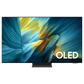 Samsung 77-inch S95F OLED 4K Smart TV displaying vibrant visuals with sleek design and slim bezels.