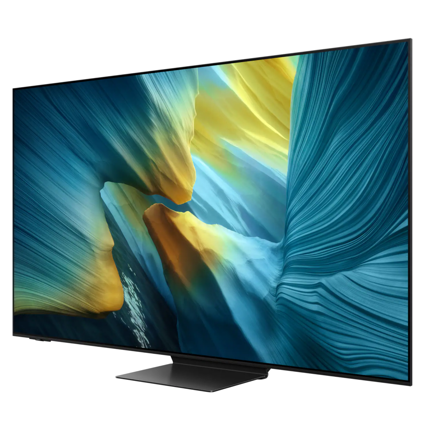 Samsung 77-inch S95F OLED 4K Smart TV displaying vibrant, high-resolution screen with sleek black frame and modern design.