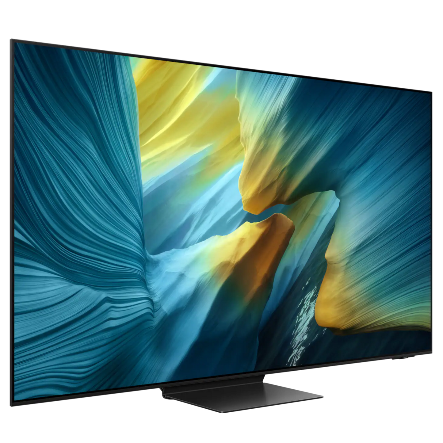 Samsung 77-inch S95F OLED 4K Smart TV displaying vibrant 4K resolution, sleek design, and smart TV interface.