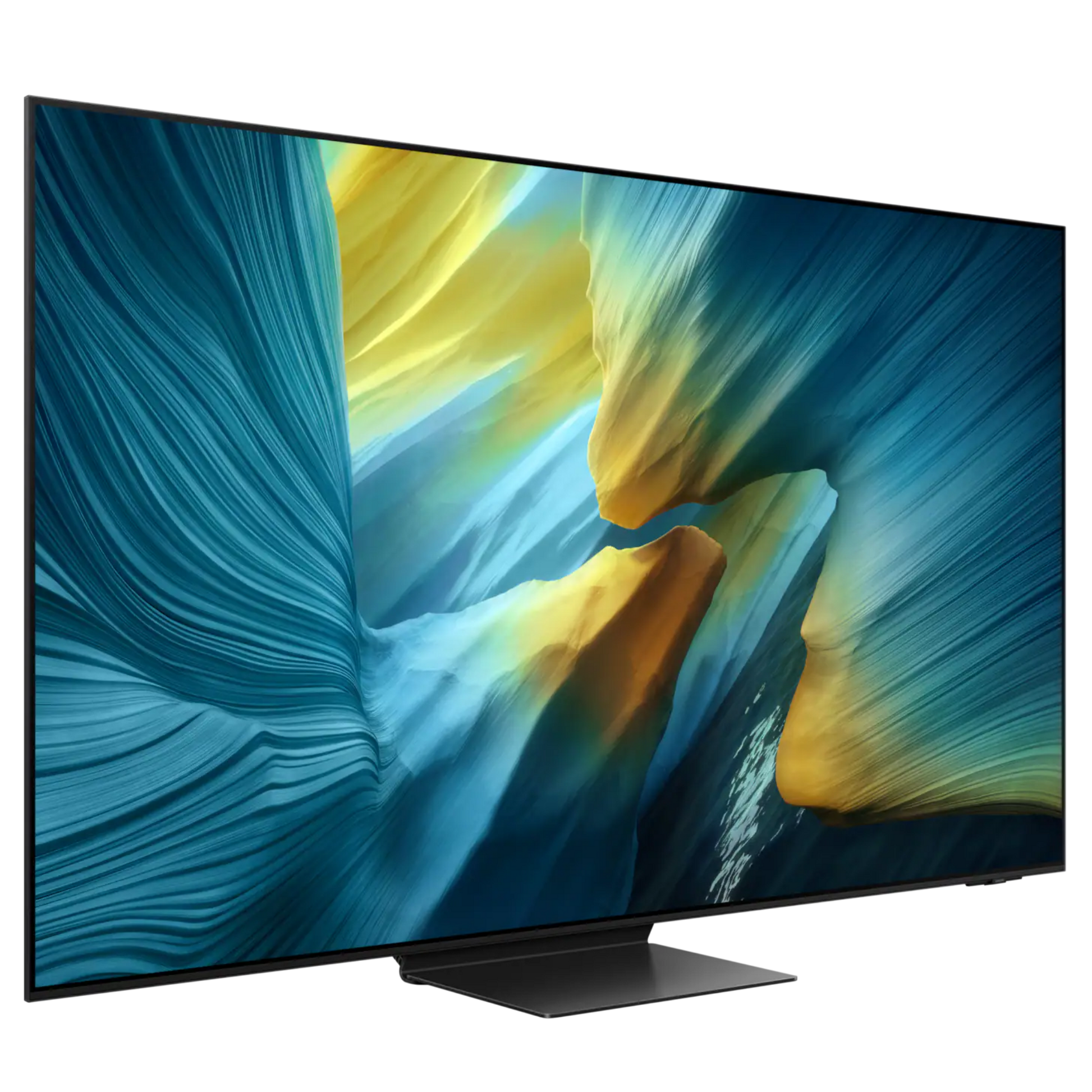 Samsung 77-inch S95F OLED 4K Smart TV displaying vibrant 4K resolution, sleek design, and smart TV interface.