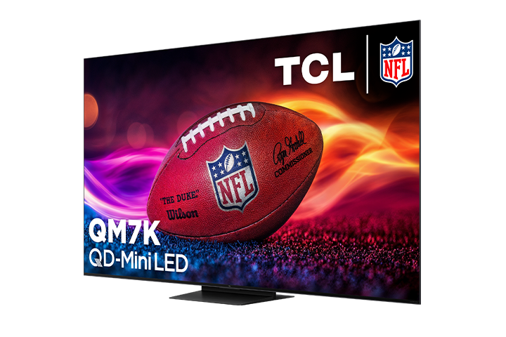 Open box TCL 85-inch QM7K Series 4K UHD HDR QD-Mini LED Smart Google TV showing the TV screen and sleek black frame.