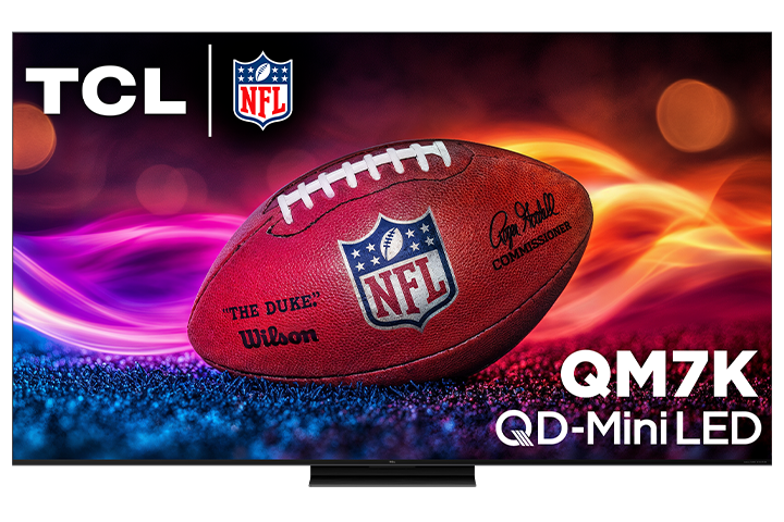 Open box TCL 85-inch QM7K Series 4K UHD HDR QD-Mini LED Smart Google TV with sleek screen and slim bezel.