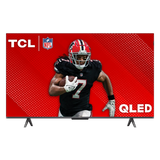 Open box TCL 43-inch Q6 Series 4K UHD HDR QLED Smart Google TV displaying screen with vibrant colors and interface.