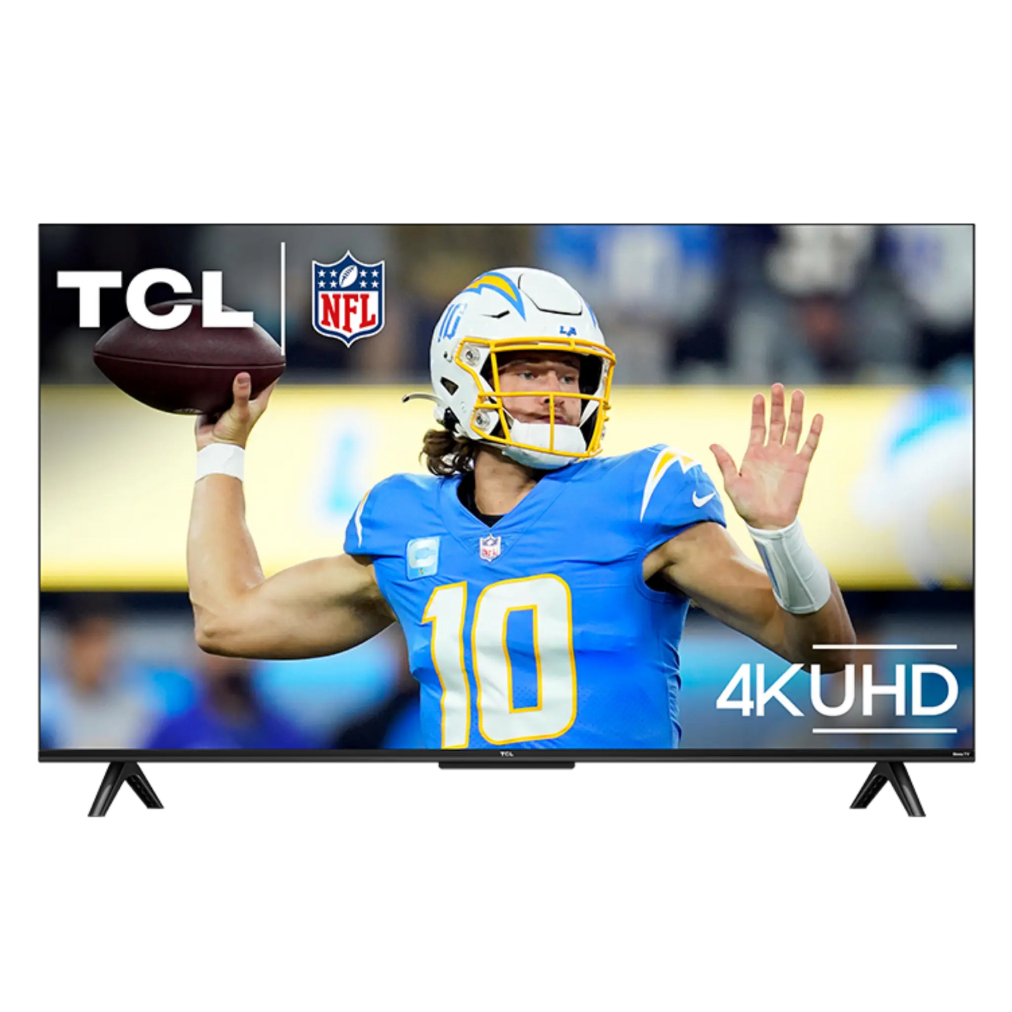 Open box TCL 43" S-Class 4K UHD HDR LED Roku smart TV showing the front screen with vibrant picture and sleek black frame.