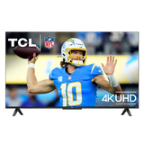 Open box TCL 43" S-Class 4K UHD HDR LED Roku smart TV showing the front screen with vibrant picture and sleek black frame.