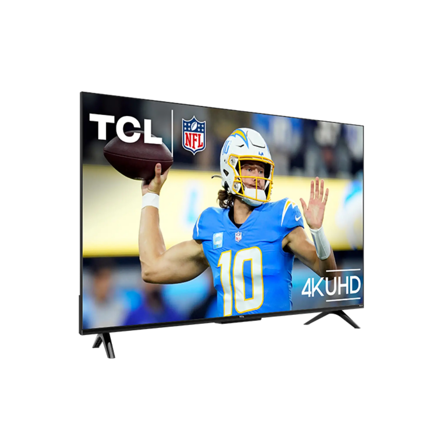 Open box TCL 43-inch S-Class 4K UHD HDR LED Roku Smart TV showing the screen and sleek black design.