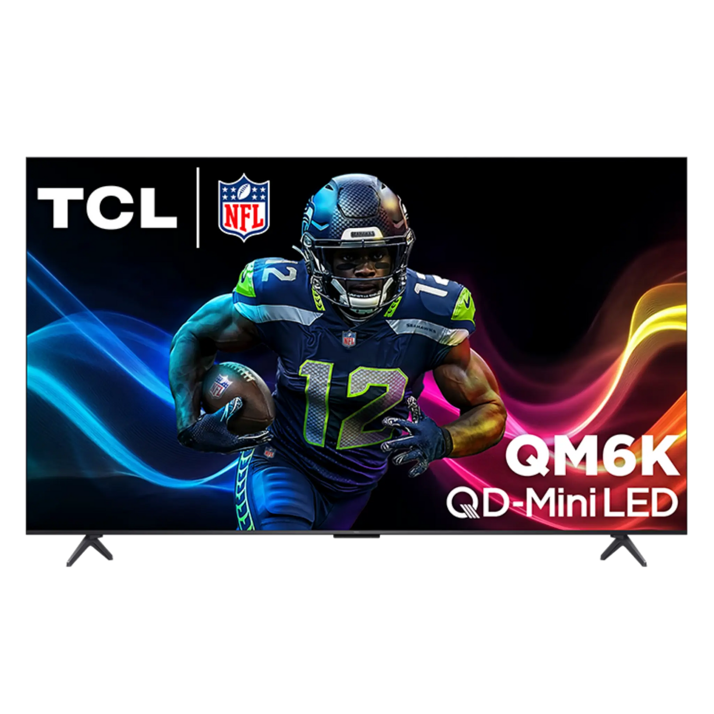 Open box TCL 55-inch QM6K Series 4K UHD HDR QD-Mini LED Smart Google TV displaying vibrant screen with remote control.