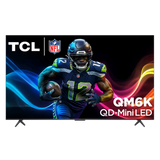 Open box TCL 55-inch QM6K Series 4K UHD HDR QD-Mini LED Smart Google TV displaying vibrant screen with remote control.