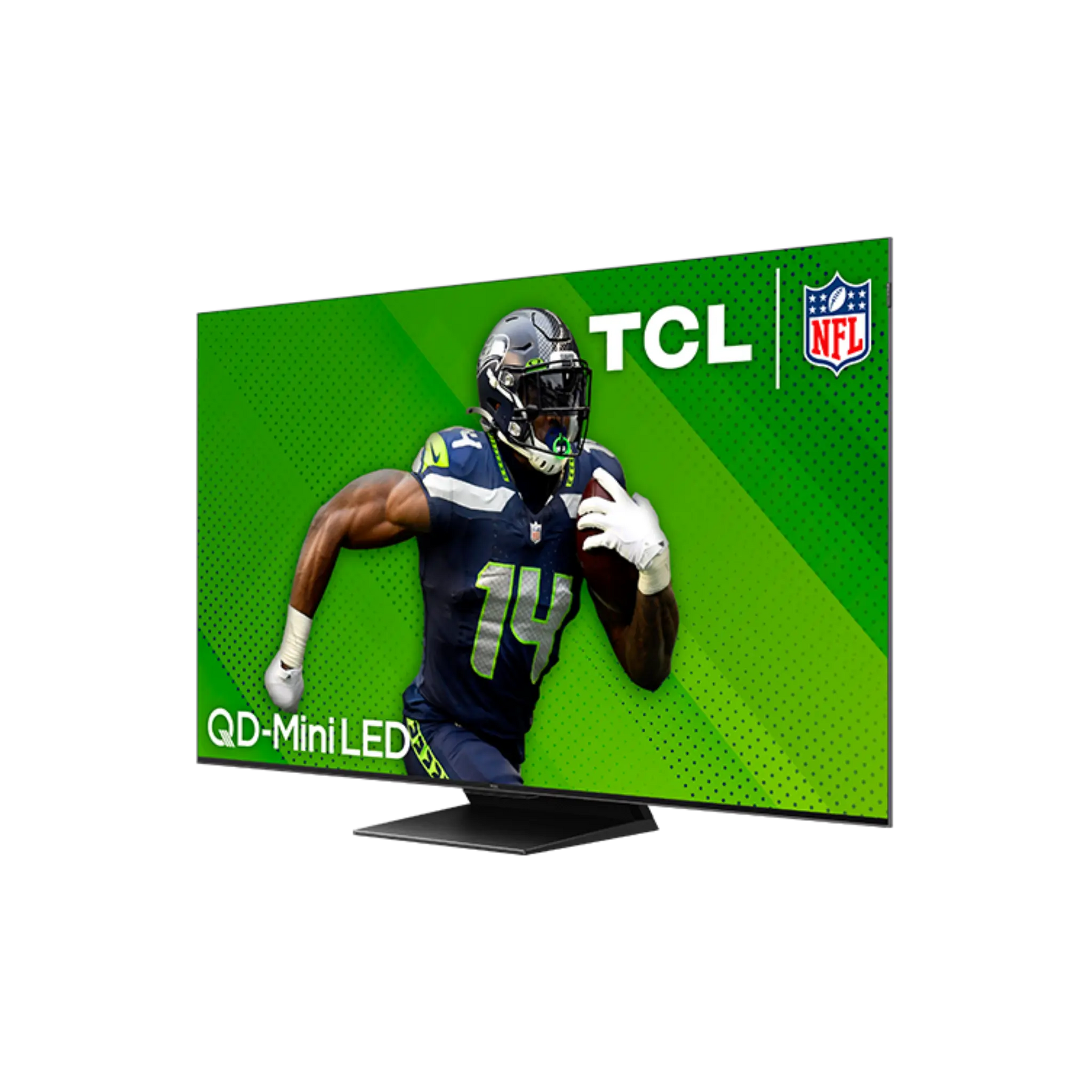 Open box TCL 55-inch QM7-Series 4K UHD HDR QD-Mini LED Smart Google TV displaying a vibrant home entertainment scene.