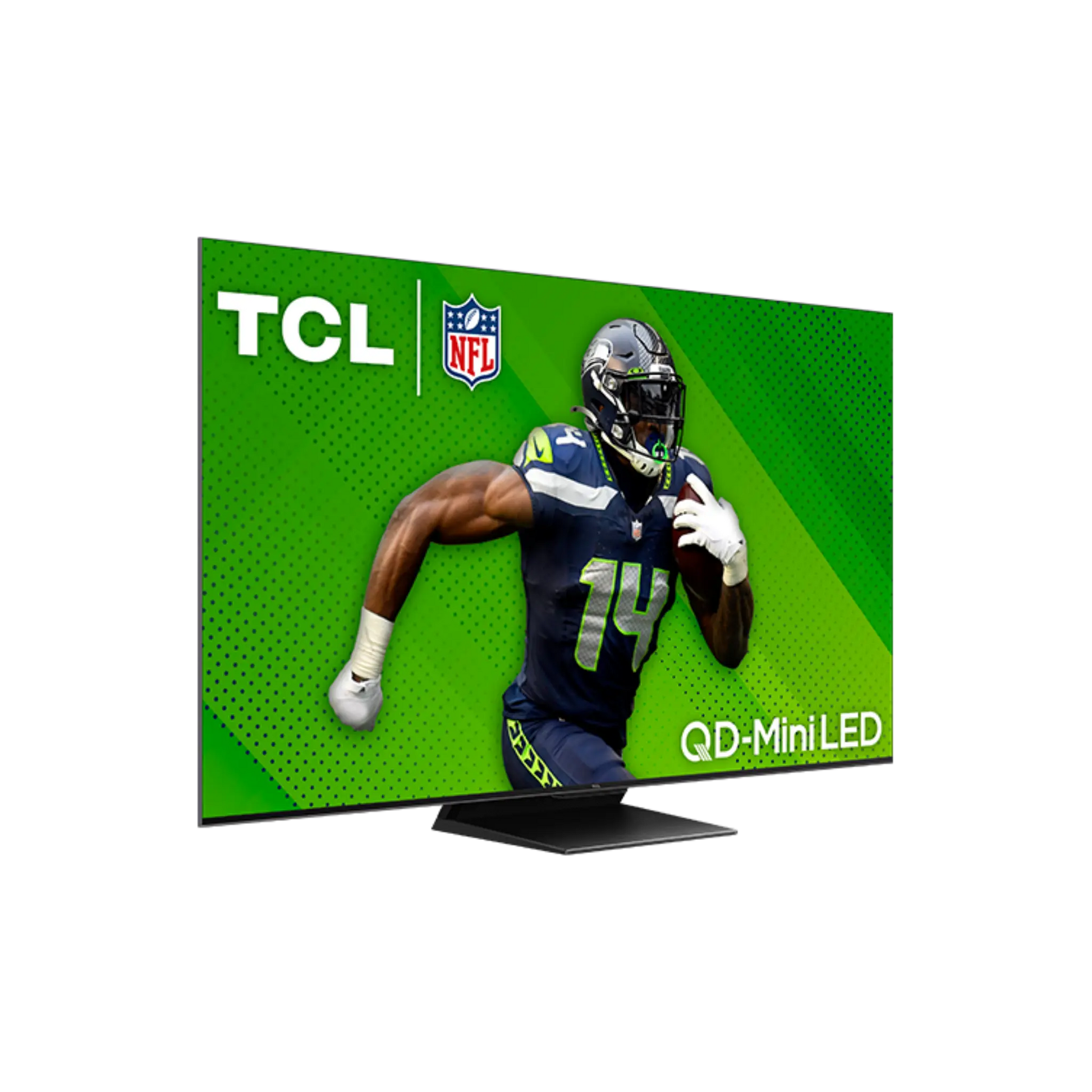 Open box TCL 55-inch QM7-Series 4K UHD HDR QD Mini LED Smart Google TV with sleek design and remote control.
