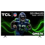Open box TCL 65-inch QM6K Series 4K UHD QD-Mini LED TV showing screen and slim black frame.